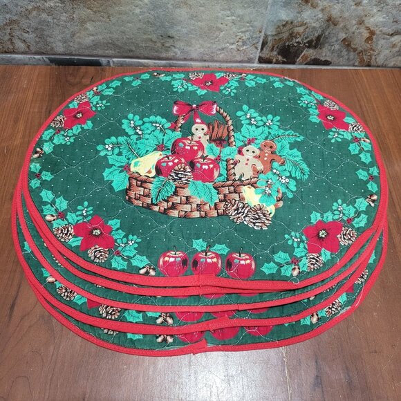 Vintage Ginger Bread Men Candy Canes Placemats Oval Green Quilted Set of 5 - Picture 4 of 11